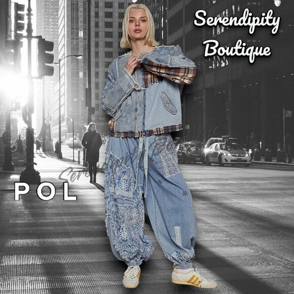 POL Jackets & Blazers - POL Distressed Grunge Denim Flanel Plaid Patch Zipper Front Street Jean Jacket